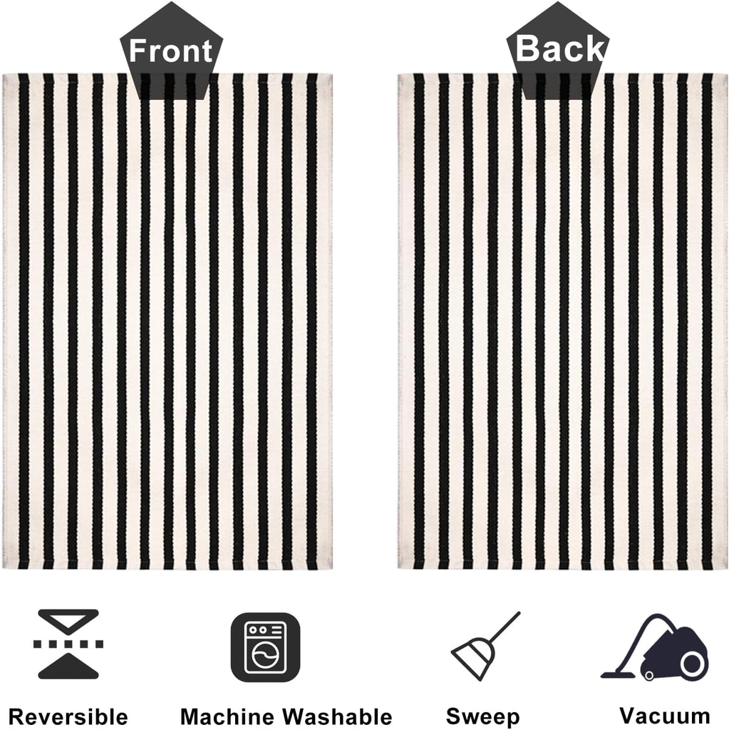 Black and Ivory Striped Area Rug, Cotton Woven Farmhouse Rug and Covered Porch, Reversible Washable Modern