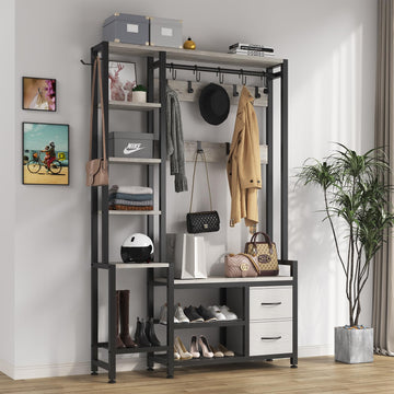 Hall Tree 43", Bench with Shoe Storage, Large Coat Rack Shoe Bench with 5 Tier Shelves, 5 in 1 Design Front Door Shoe