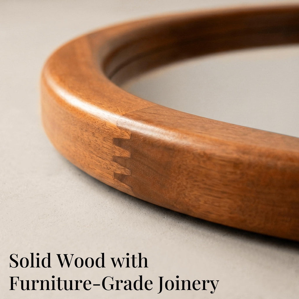 30 Inch Warm Walnut Round Wood Bathroom Mirror, Wavy Inner Edge