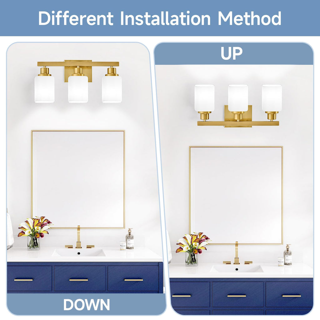 Bathroom Vanity Light, 3-Light Gold Modern Bathroom Light Fixtures with Square Frosted Glass, Gold Wall Lamp Sconces
