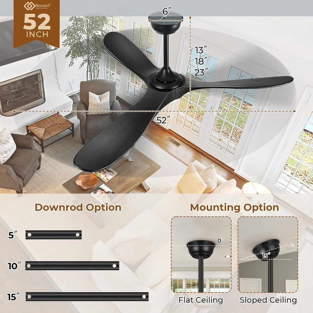 Inspired Maverick Style 52" Wood Ceiling Fan with Light and Remote, 3 Matte Black Blades, Reversible DC Motor, Indoor/Outdoor - Matte Black