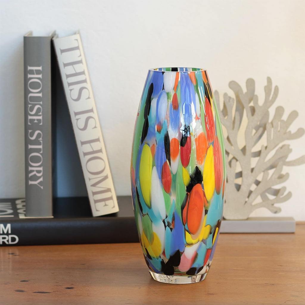 Murano Style Art Glass Vase Hand Blown Colorful Confetti Effect Home Decor | Hand Blown Glass Vase, Decorative Table