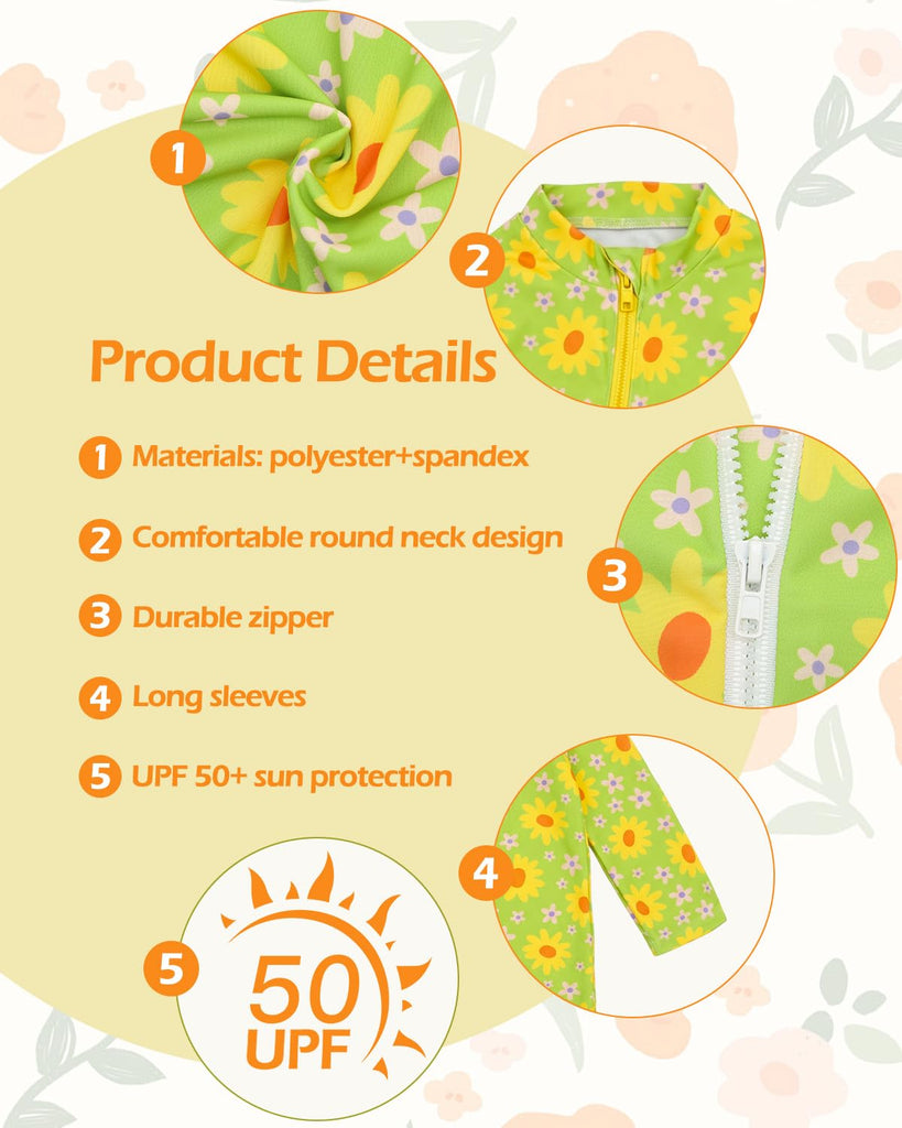 Baby Boys' One Piece Swimsuit,Toddler Infant Zipper Rash Guard, Long Sleeve UPF 50+ Sun Protection Bathing Suit