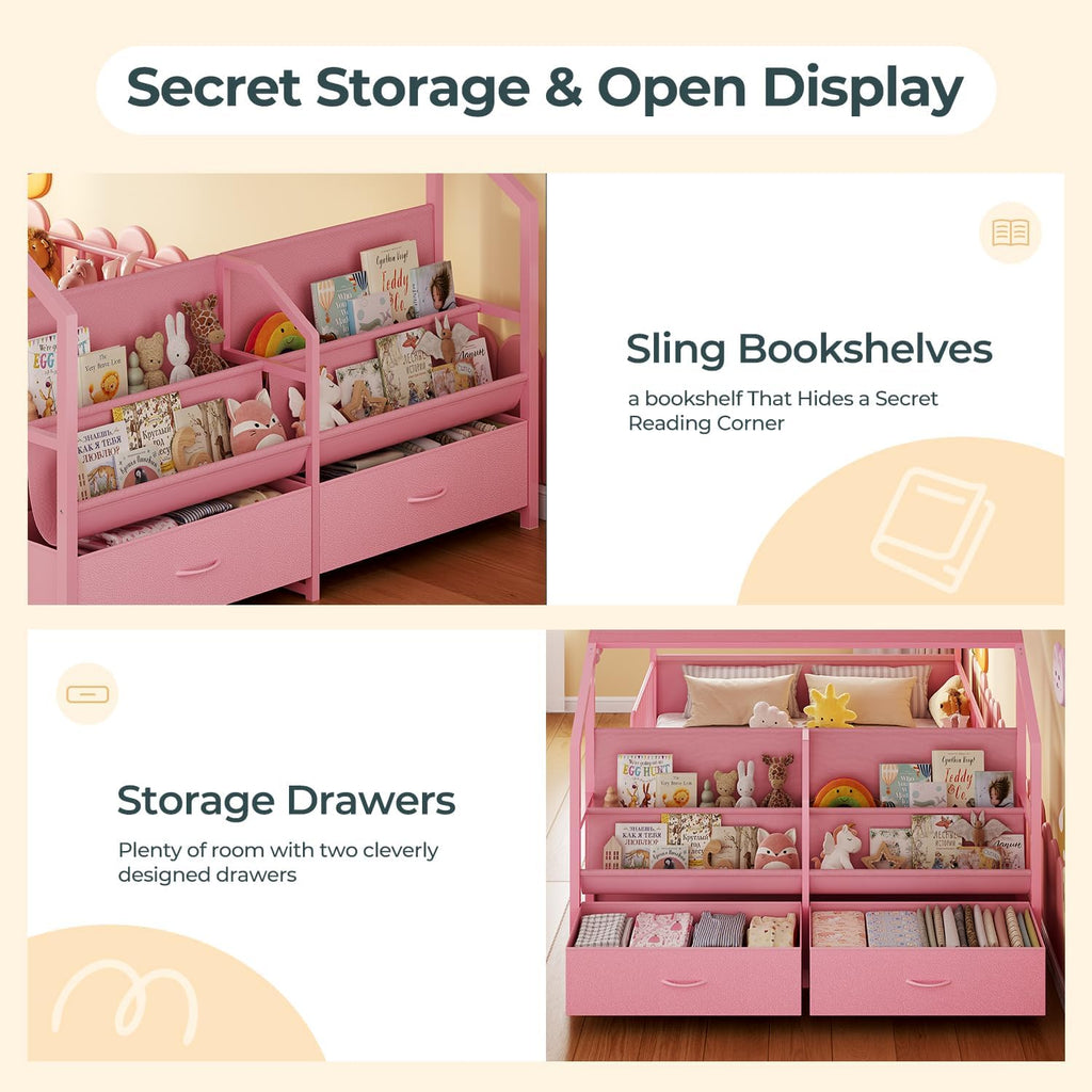 Montessori Full Size Floor Bed, Safety Guardrails, Reading Nook, Pink | House Shape, Sling Bookshelves, Storage