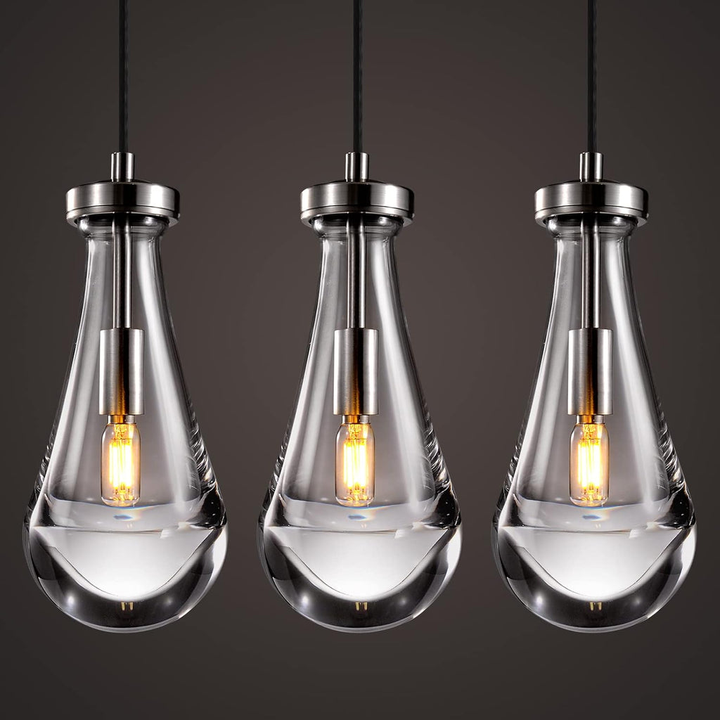 Raindrop Pendant Lights Kitchen Island Teardrop Nickel Hanging Light Fixtures Clear Solid Glass Pendant Light Modern Chandeliers for Dining Room Porch Corridor Living Room(3-Pack) A121-B0DL46TSCX