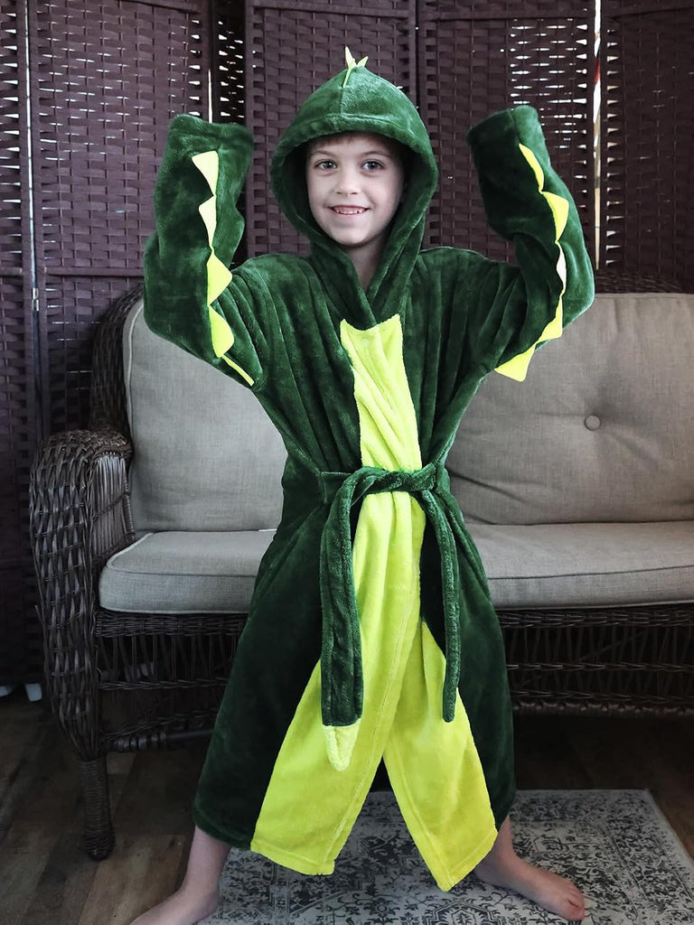Kids Robe Boys Girl Dinosaur Plush Fleece Hooded Bathrobe