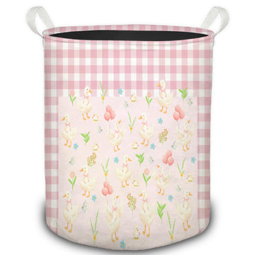 Mother Goose Girl Nursery Laundry Basket, Pink and White Checkered Cute Goose Foldable Laundry Hamper With Handles