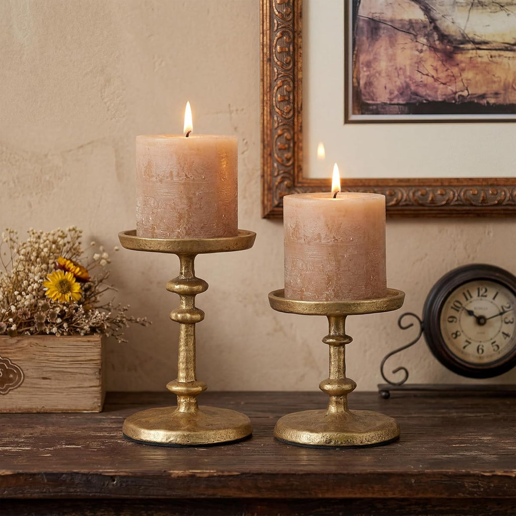 Gold Cast Iron Pillar Candle Holders Set of 2 Farmhouse Candlesticks | Fireplace Mantel, Dinning Table Centerpieces
