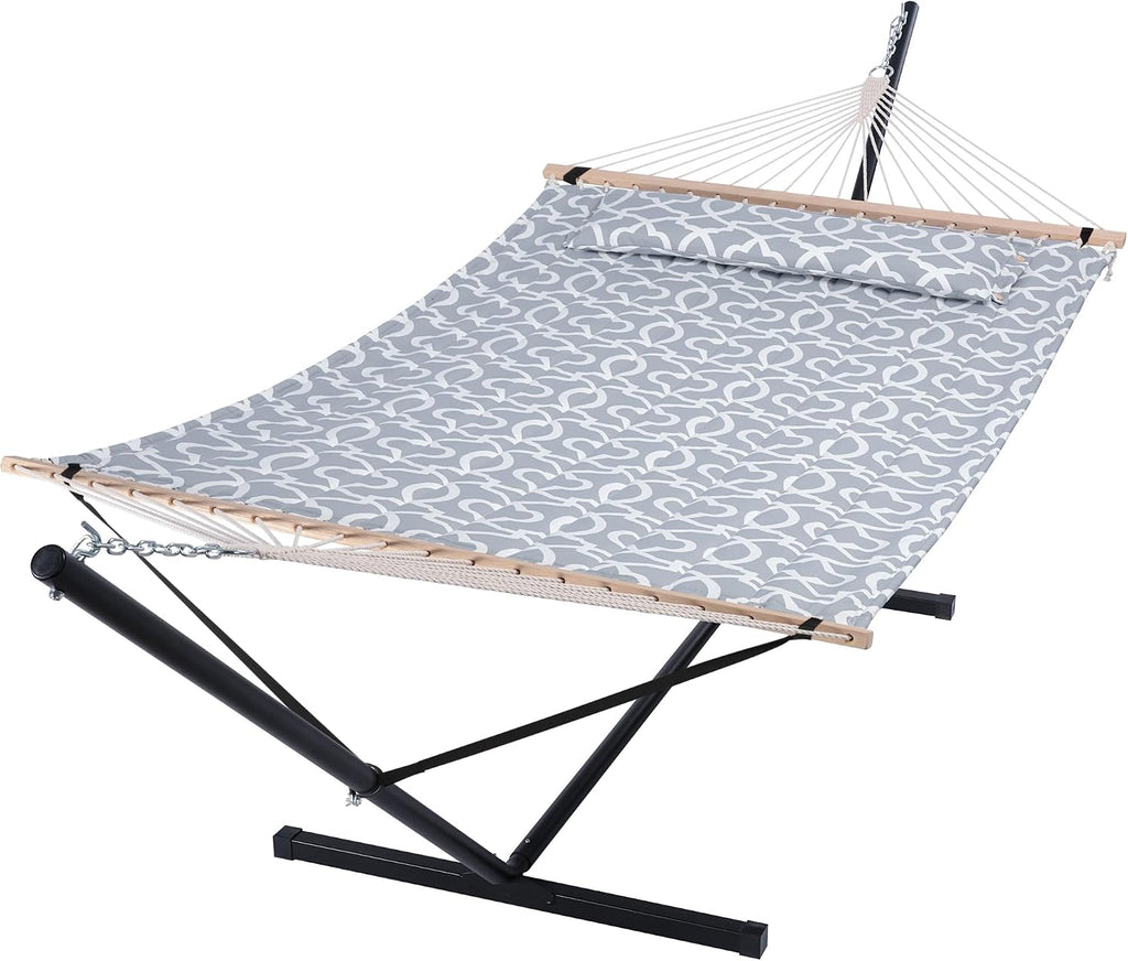 Extra Large Double Hammock with Stand, 475lbs Capacity, Grey | Outdoor Portable Hammock with Hardwood Spreader Bar
