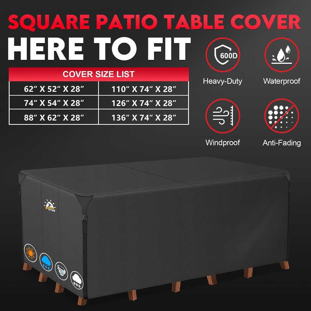 Patio Furniture Cover Rectangle - 110 Inch Outdoor Table Cover Waterproof & Heavy Duty, Large 600D Lawn Furniture