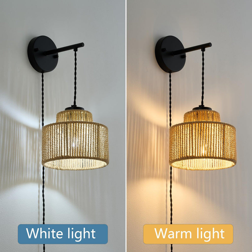 Rattan Plug in Wall Sconces 2 Pack with Dimmable Switch on 6.56FT Cord
