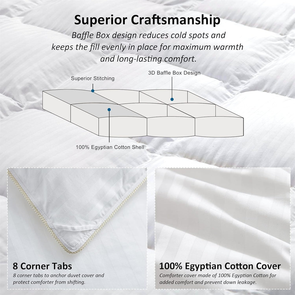 Luxurious All-Season Goose Down Comforter Duvet Insert, Exquisite Oversize Olympic Queen White Stripe Design, 98" X