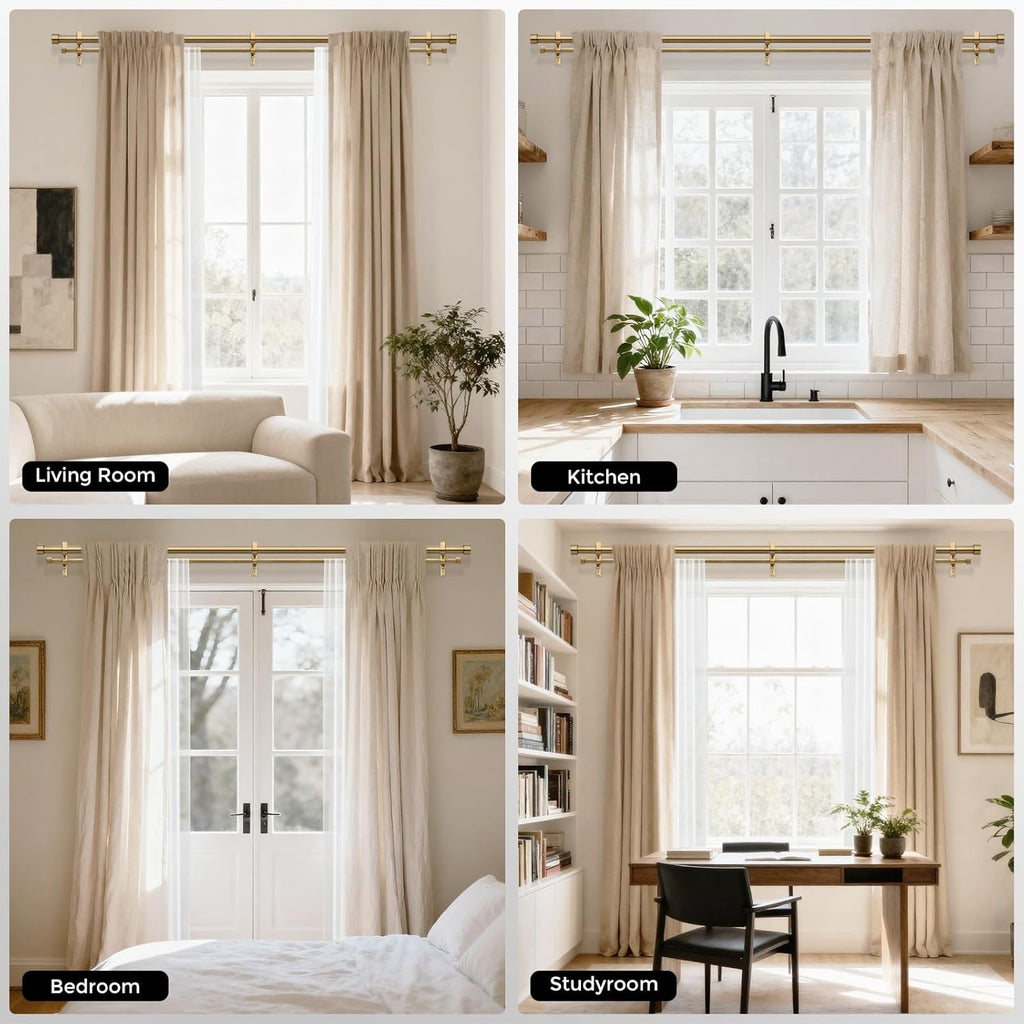 Warm Gold Double Curtain Rod, Brass Extra Long Dual Curtain Rods for Windows, 1 Inch Adjustable Heavy
