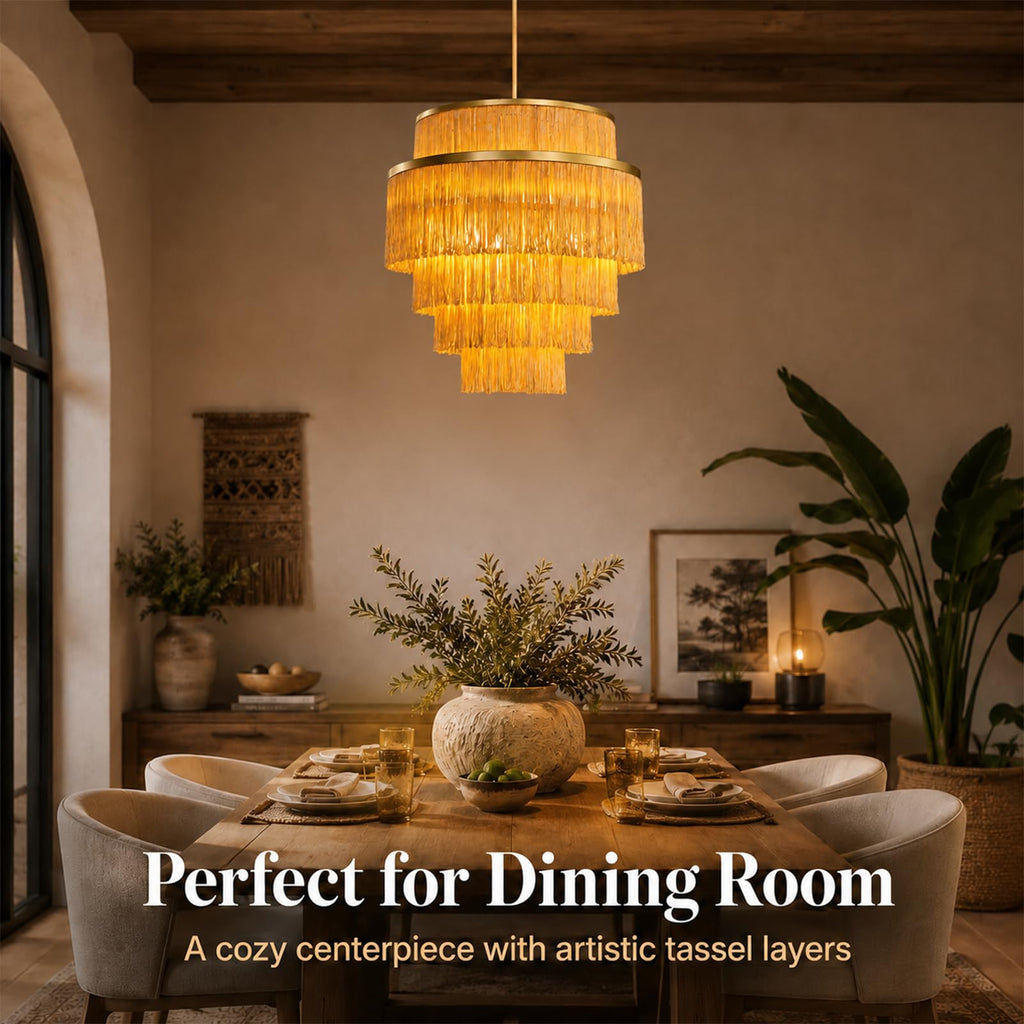 5-Tiered Boho Chandelier with Metal and Fringe, 3 Lights Fringe Pendant Light Fixture, Tassle Chandelier, Baby
