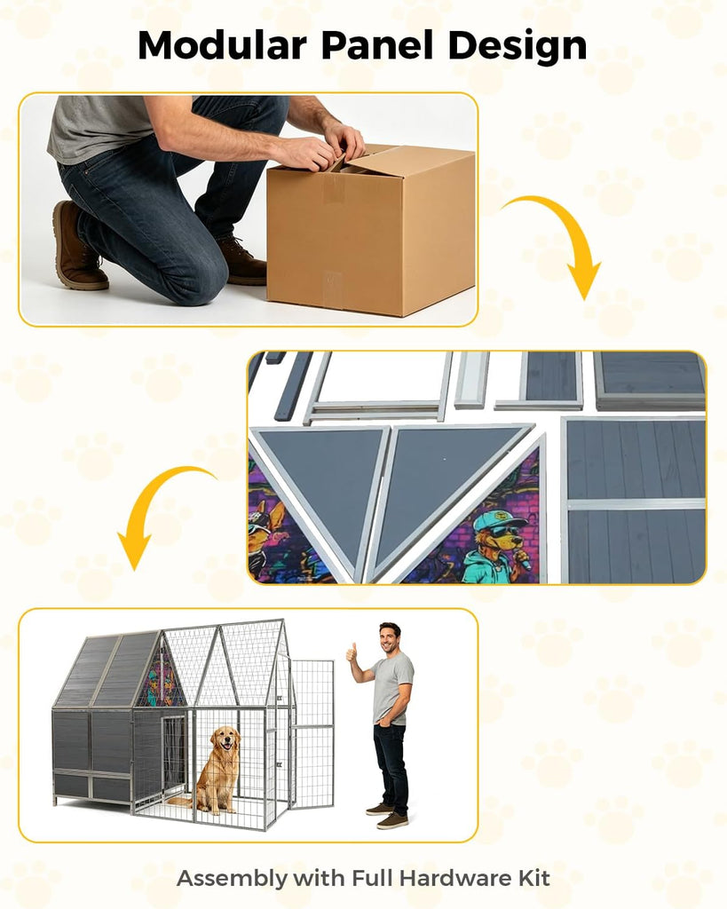 87" Heavy Duty Metal Dog Run Enclosure, with Waterproof Roof Wooden Dog House