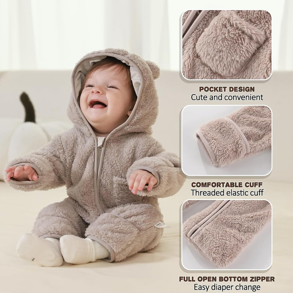 Baby Bear Outfit With Fold-Over Mittens and Footies Girls Boys Winter Fleece Clothes Hooded Romper Snowsuit