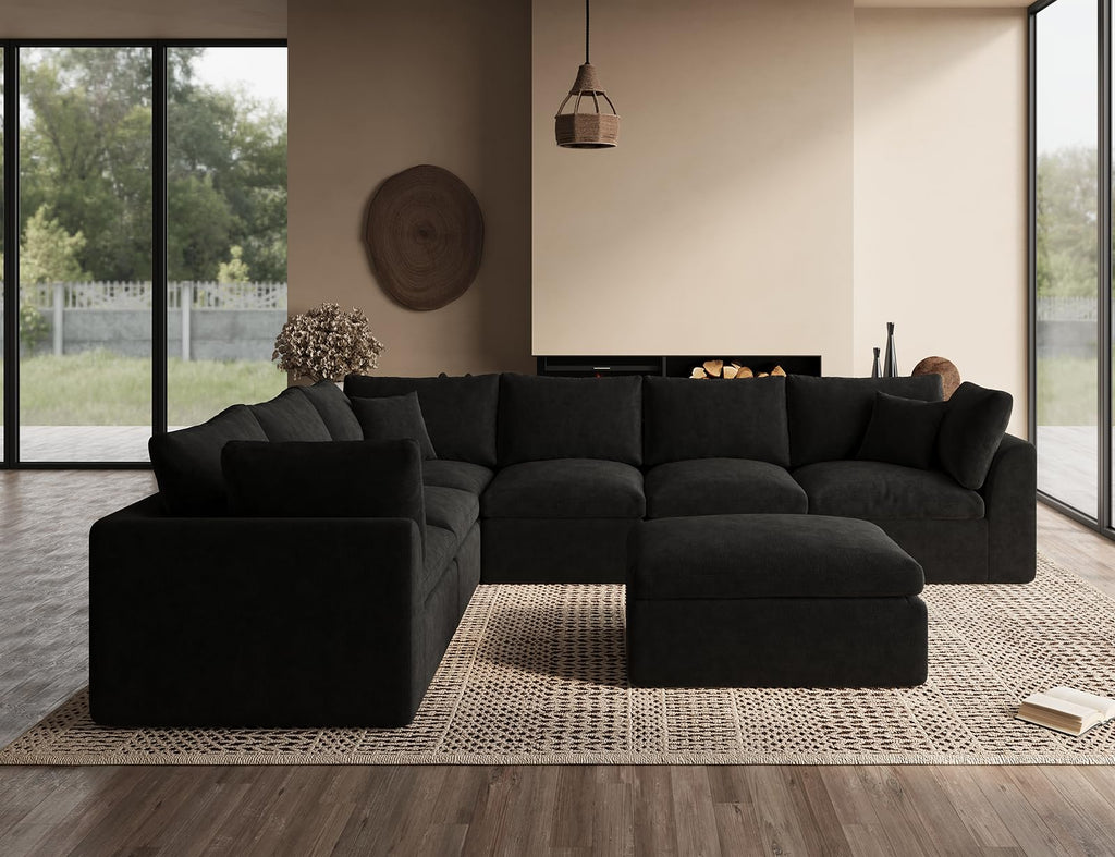 Oversized Sectional Couches, Cloud Boneless Couch, 7 Seater Large Modular Sectional Sofa, Black