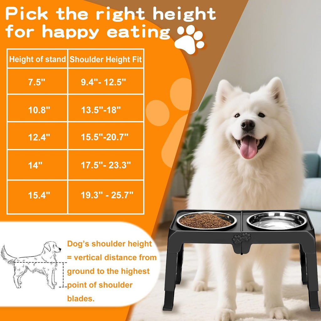 Elevated Dog Bowls for Large Dogs 5 Adjustable Heights 7.5"-15.4", 2 X-Large 10" Stainless Steel Bowls, Heavy Duty