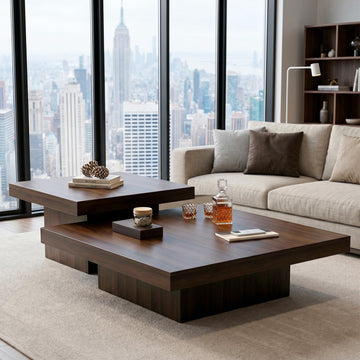 Nesting Coffee Table Set of 2, Square Centre Table, Modern Accent Table with 1.6" Thick Tabletop, Wood Coffee Tables