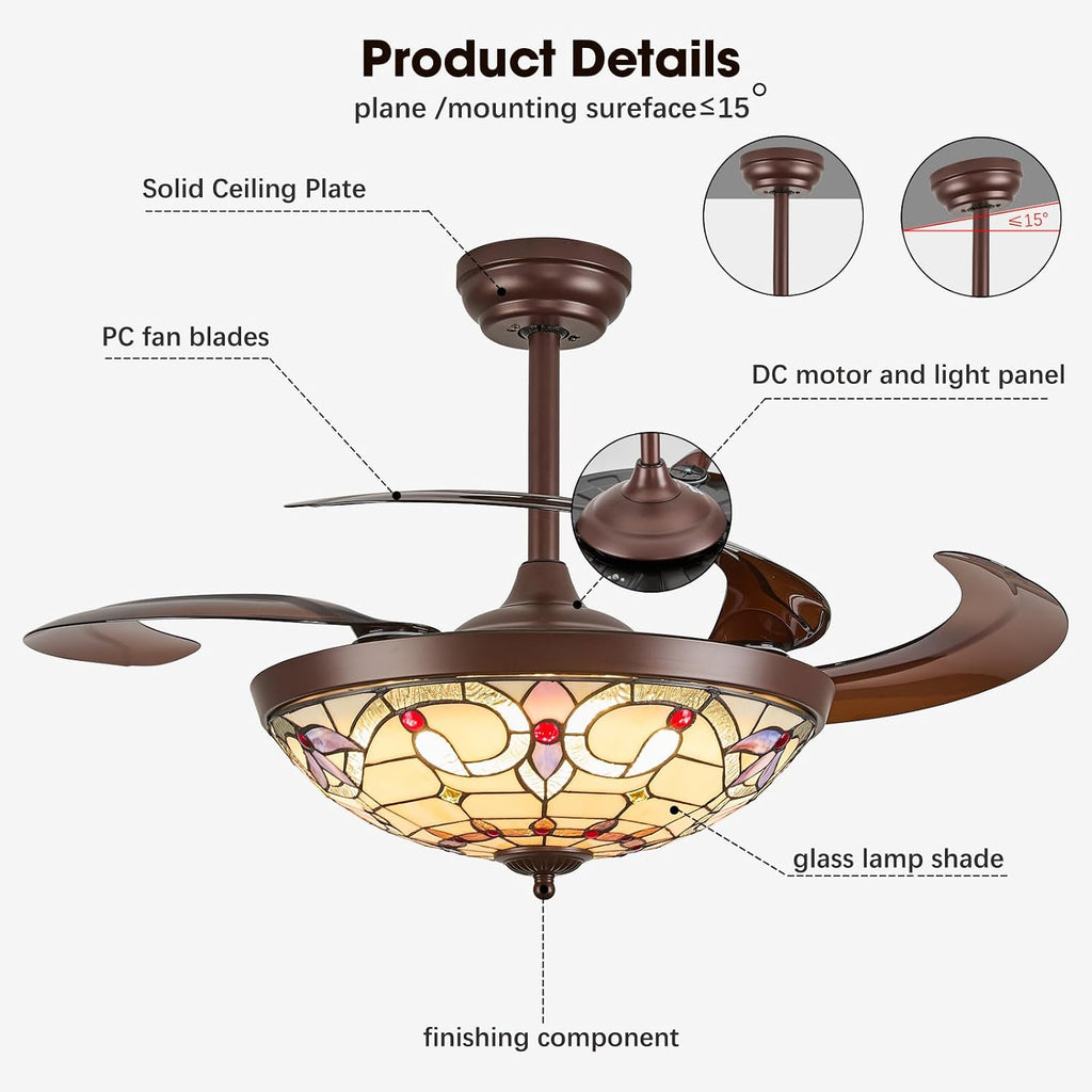 48" Tiffany Retractable Ceiling Fan with Light - (Red Dot, Brown)