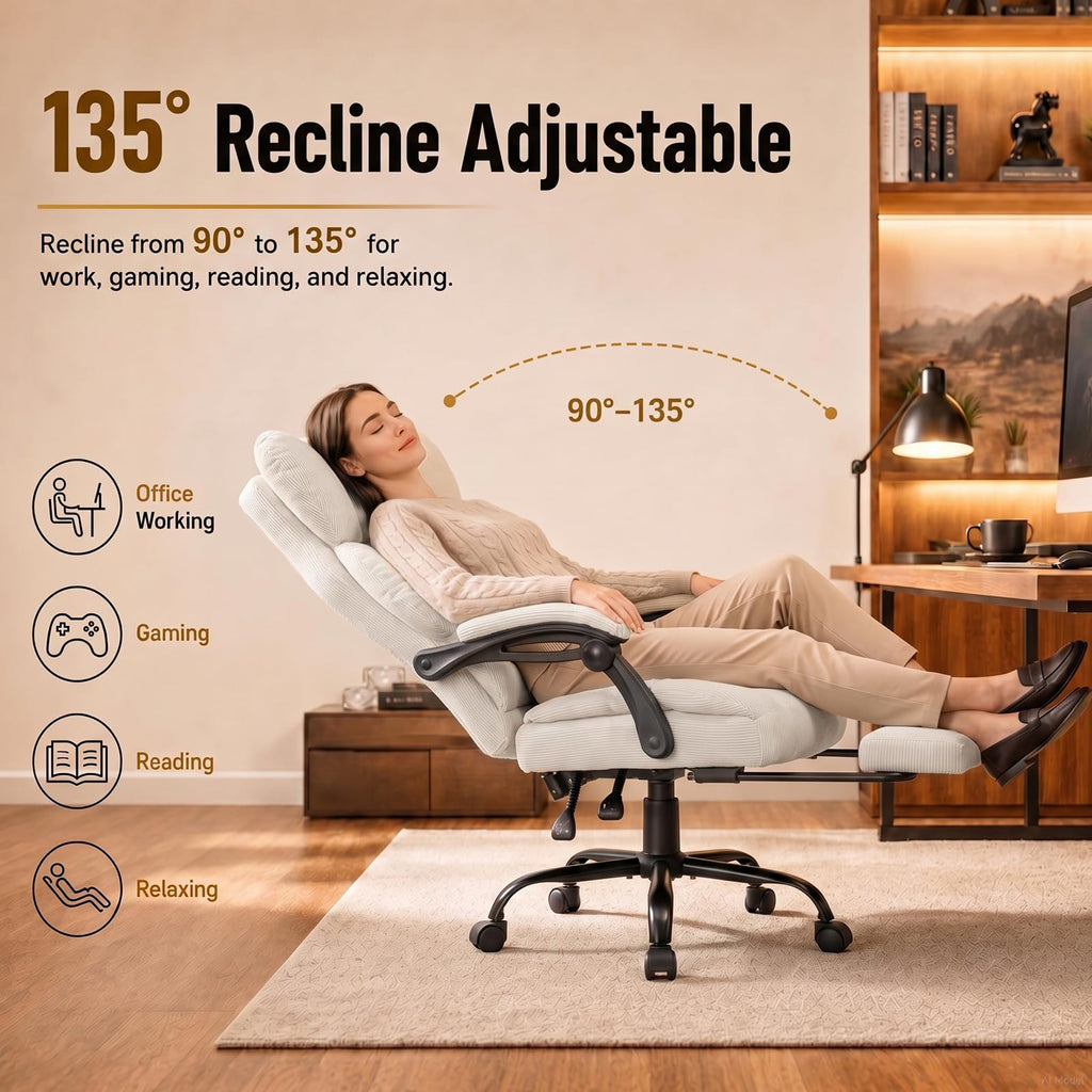 Big&Tall Ergonomic Gaming Chair, Wide Spring Seat, Linkage Armrest, White