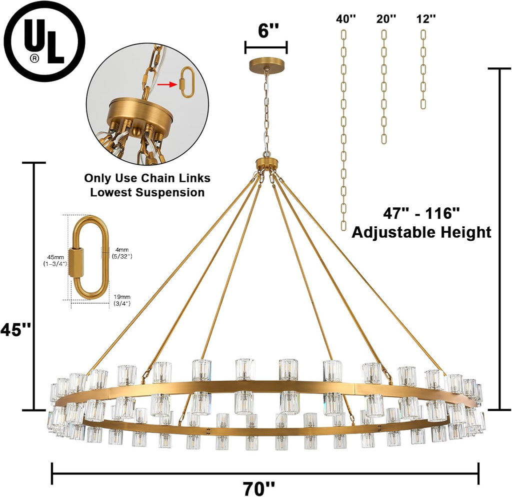 70 Inch Gold Wagon Wheel Chandelier with Crystal Shade, 72 Lights, Modern Farmhouse Style, Ideal for Dining Room, Kitchen, Entryways A117-B0DGDK4QSH