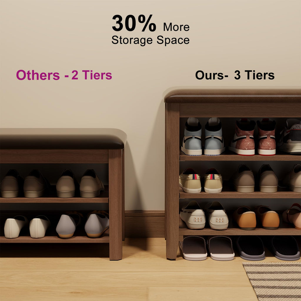 Shoe Bench with Leather Cushion, 3 Tiers Shoe Storage Bench Height Adjustable, Walnut Wood Entryway Bench, Mudroom