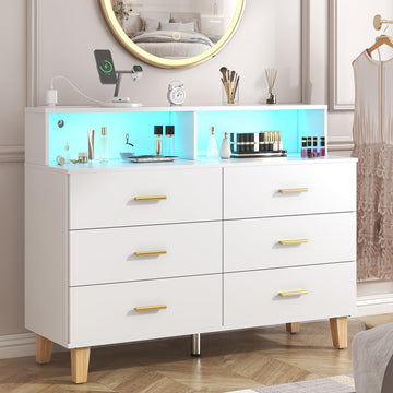 White 6 Drawer Dresser, Chest of Drawers with LED Light and Power Outlet, Tall Wide Dresser for Organizer Cabinet