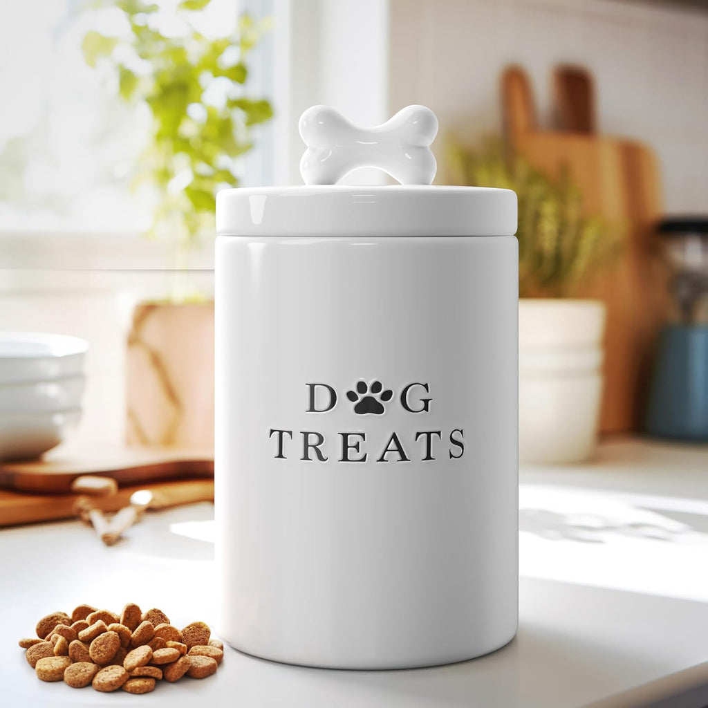 Ceramic Dog Treat Container with Airtight Lid (White)