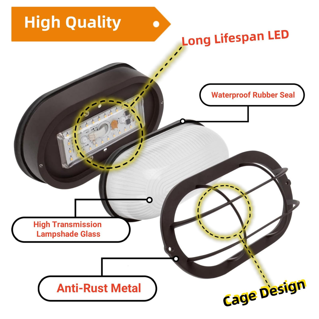 2 Pack LED Bulkhead Light, Outdoor Bulkhead LED Wall Light, Dimmable, 6W Replace 60W, 450 Lumen 3000K Daylight White
