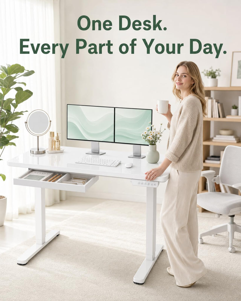 37 Inch Glass Standing Desk with 4-Zone Drawer Storage, Pearl White