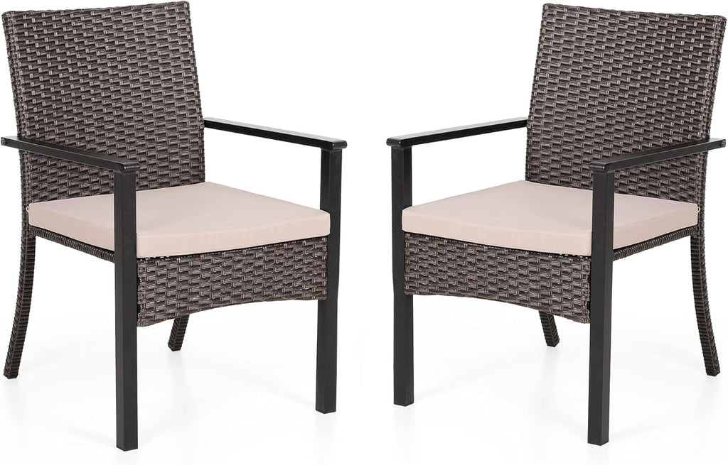 Outdoor Wicker Chairs Set of 2, Rattan Covered Metal Armchairs with Removable Cushion