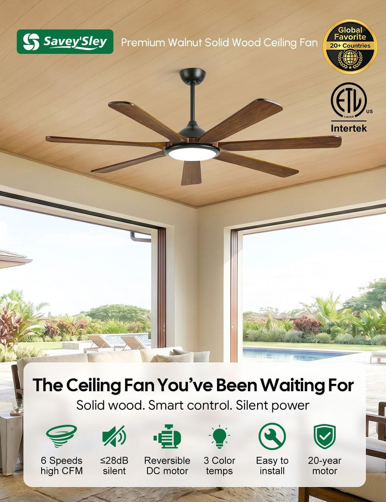 60 inch Smart Wood Ceiling Fan with Light, Remote/Alexa/App Control, Farmhouse Rustic Style, 7 Solid Walnut Blades