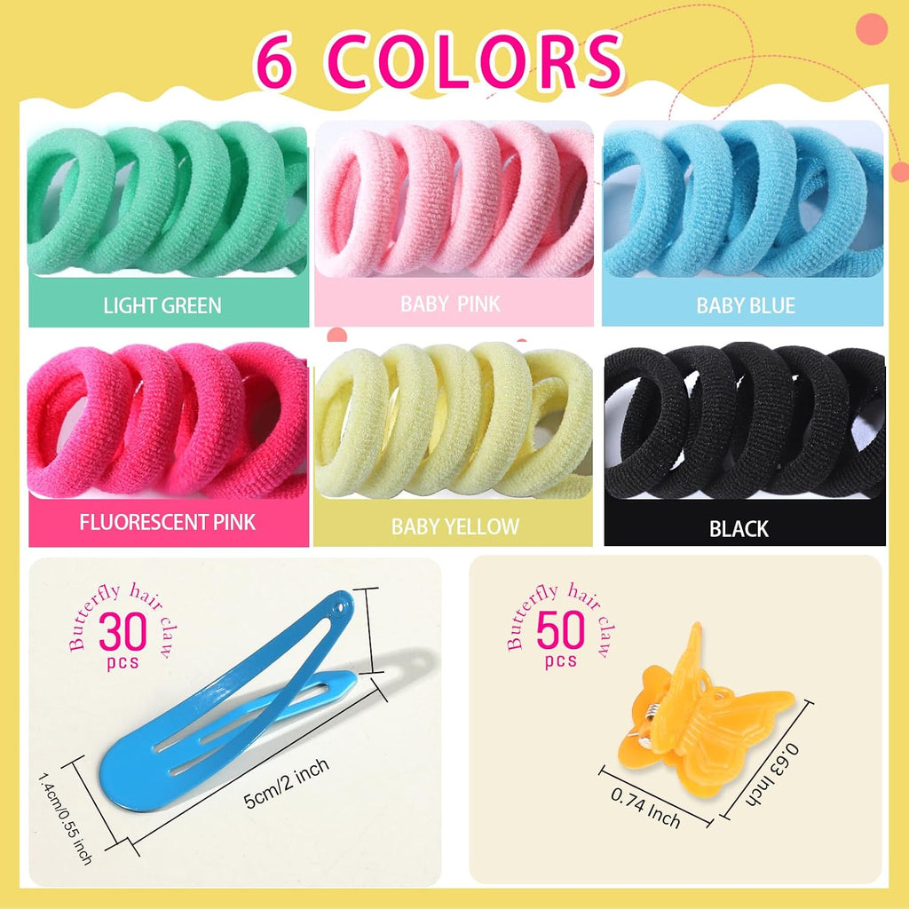 Hair Accessories Set: Colorful Rubber Bands, Cotton Hair Ties, Ponytail Holders, Hair Clips with Organizer Box