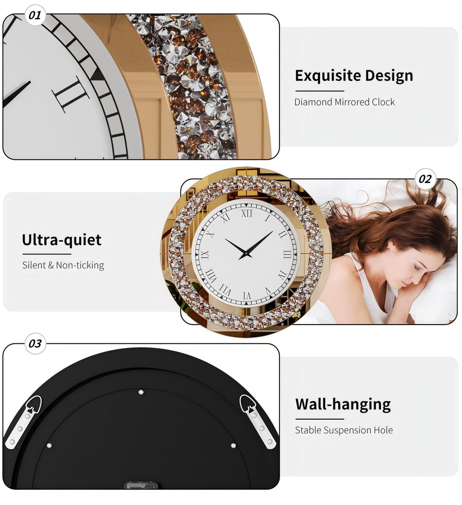 Crushed Diamond Wall Clock: Round Mirrored Clock 23.6 inch Brown