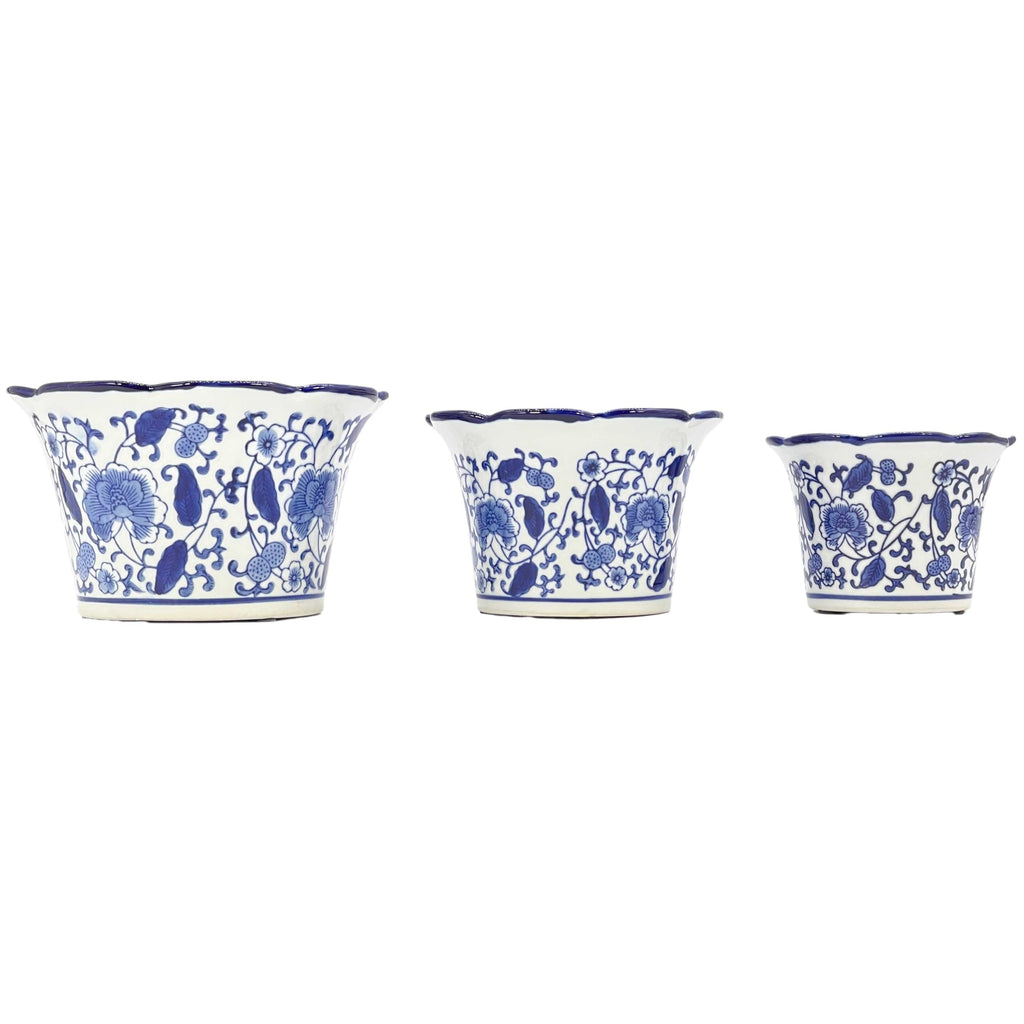 Blue & White Floral Porcelain Ceramic Decorative Flower Pot 8"/6"/4.5" Garden Pots Chinese Asian Design - Set of 3