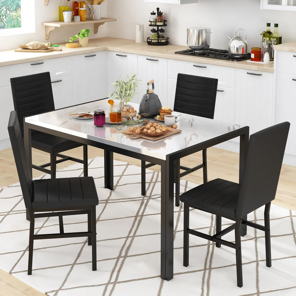 Dining Table Set for 4, Modern 5 Piece Dining Table Set Faux Marble Kitchen Table & 4 Upholstered Chairs, Dining Room