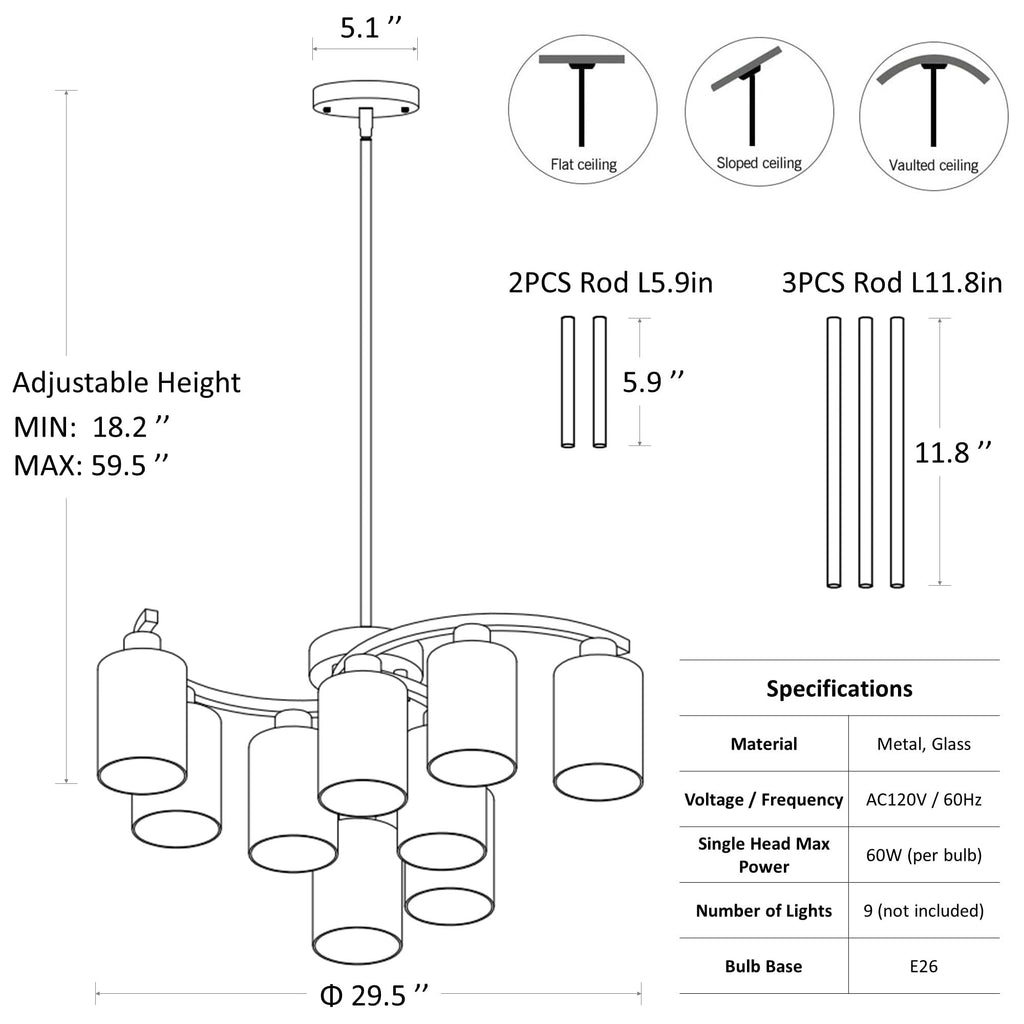 9-Light Brushed Nickel Glass Chandelier, Adjustable Height Hanging Industrial Dining Room Chandelier Over Table