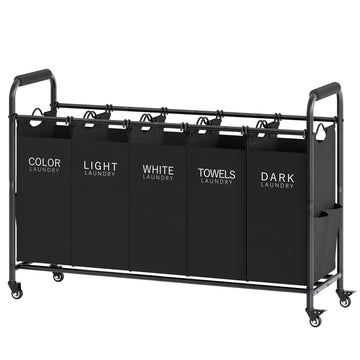 5 Bag Laundry Sorter, 5 Section Laundry Hamper with Wheels, Black
