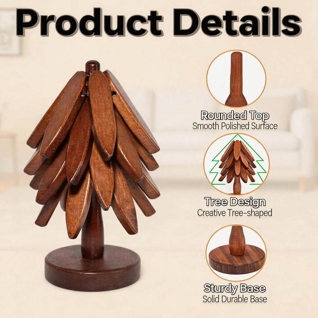 Wooden Tree Coasters Set, Black Walnut Tree Trivet for Hot Dishes, Foldable Stackable Trivets with Stand, Heat - Set of 6