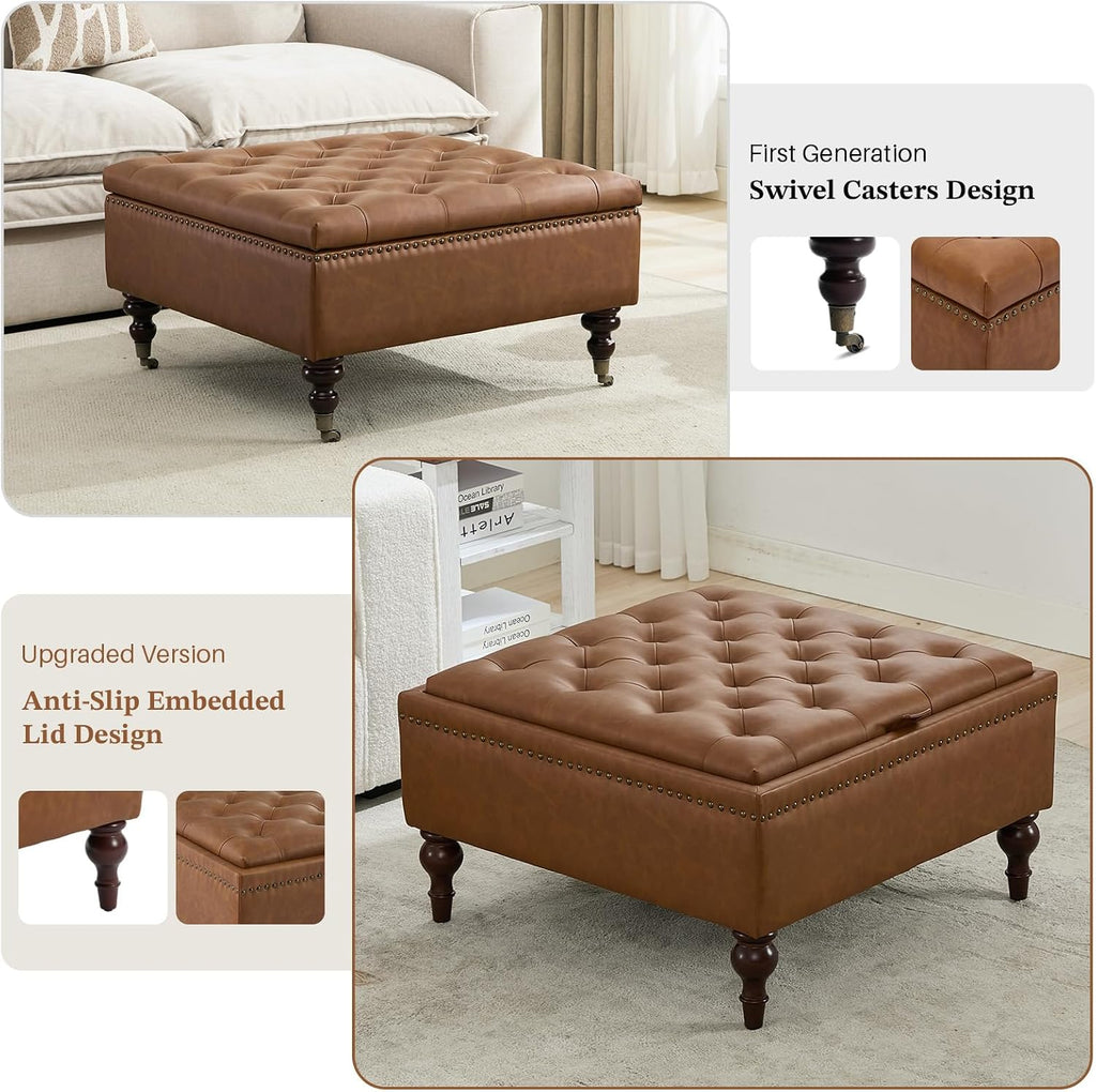 Square Ottoman Coffee Table, Large Leather Ottoman with Storage | Oversized Footstool, Anti-Slip Embedded Lid, Brass