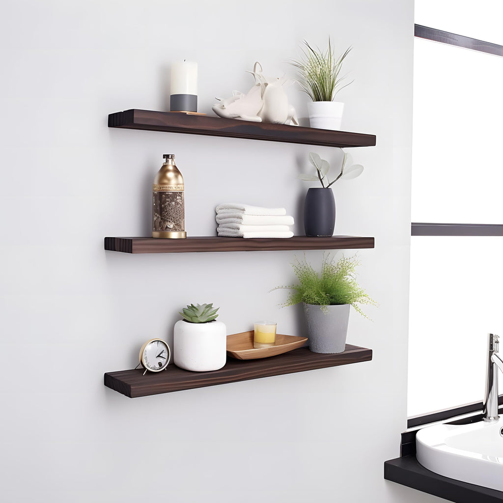 24 Inch Wood Floating Shelves for Wall, Wooden Wall Shelves, Set of 4 Brown