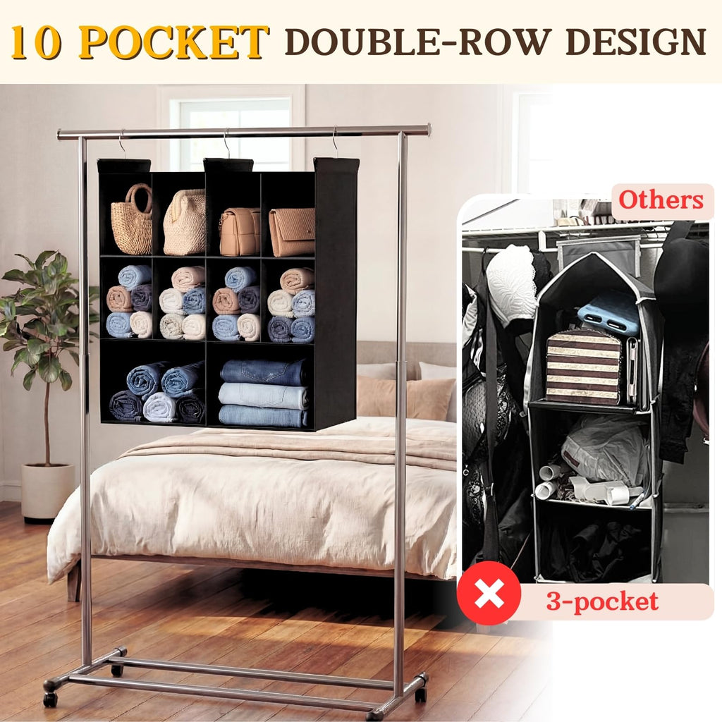 3 Tier Hanging Closet Organizer, 10 Compartments Dual Row Storage, Black