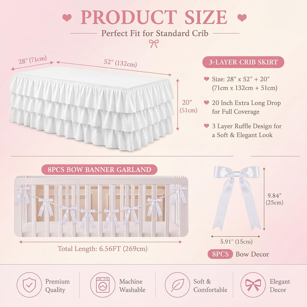 Extra Long White Ruffled Crib Skirt with 8 Pcs Cot Bow
