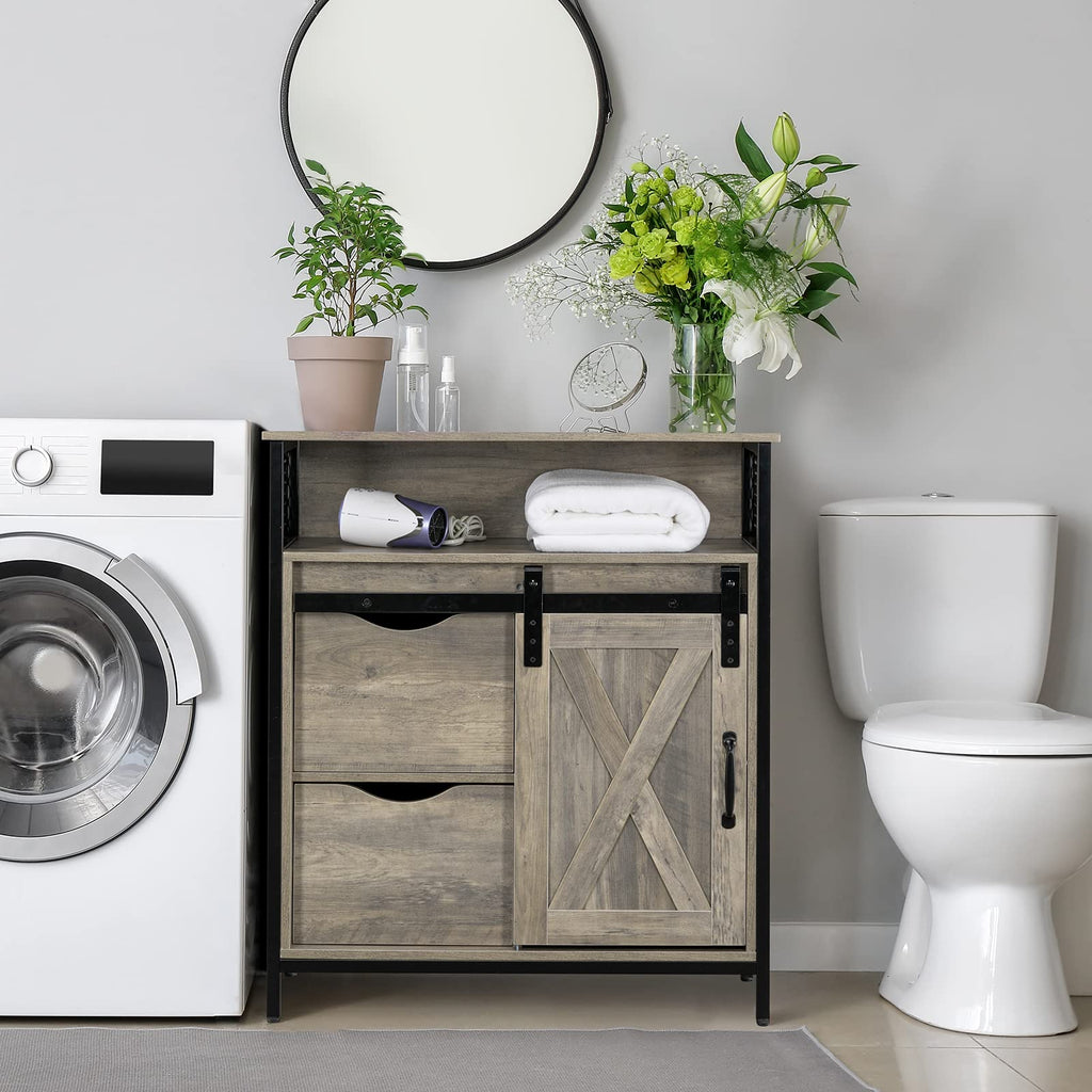 Farmhouse Bathroom Floor Storage Cabinet, Rustic Freestanding Cabinet Organizer w/Sliding Barn Door, 2 Large Drawers