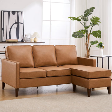 Faux Leather L Shaped Couch with Solid Wood Feet, 3-Seater Sofa with Reversible Chaise, Sectional Couches, Cognac