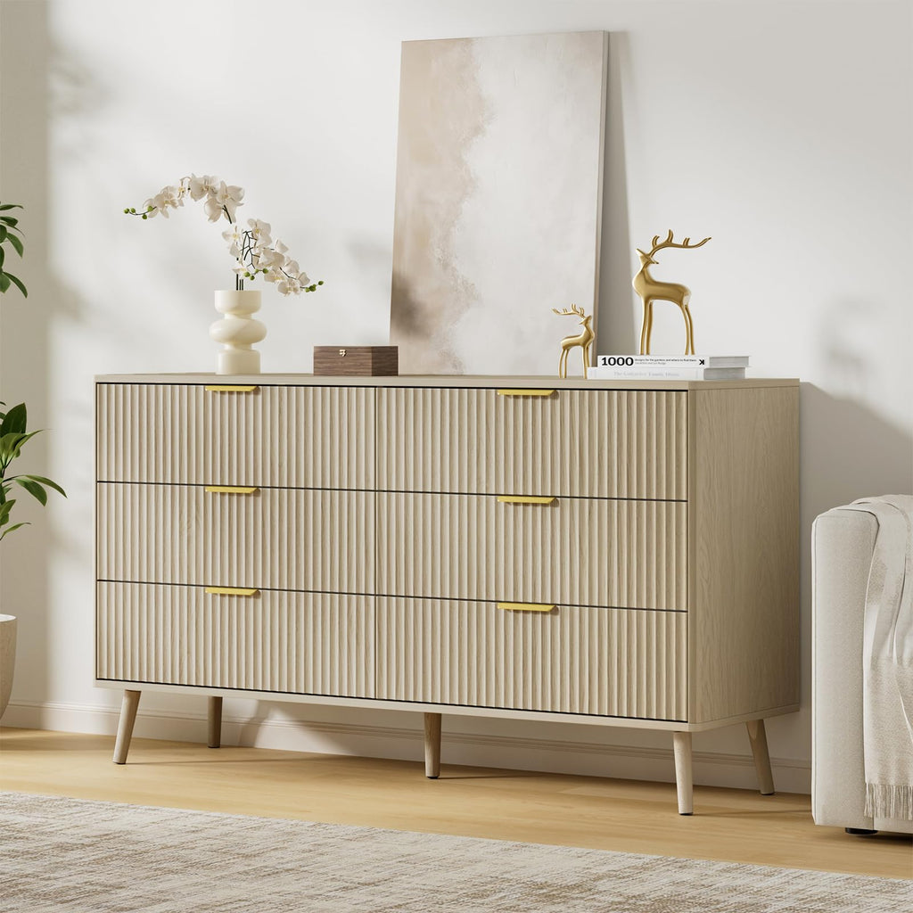 Beige Dresser with 6 Drawer, 55" Wide Chest of Drawers with Fluted Panel, Curved Profile Design, Metal Handles, Wood