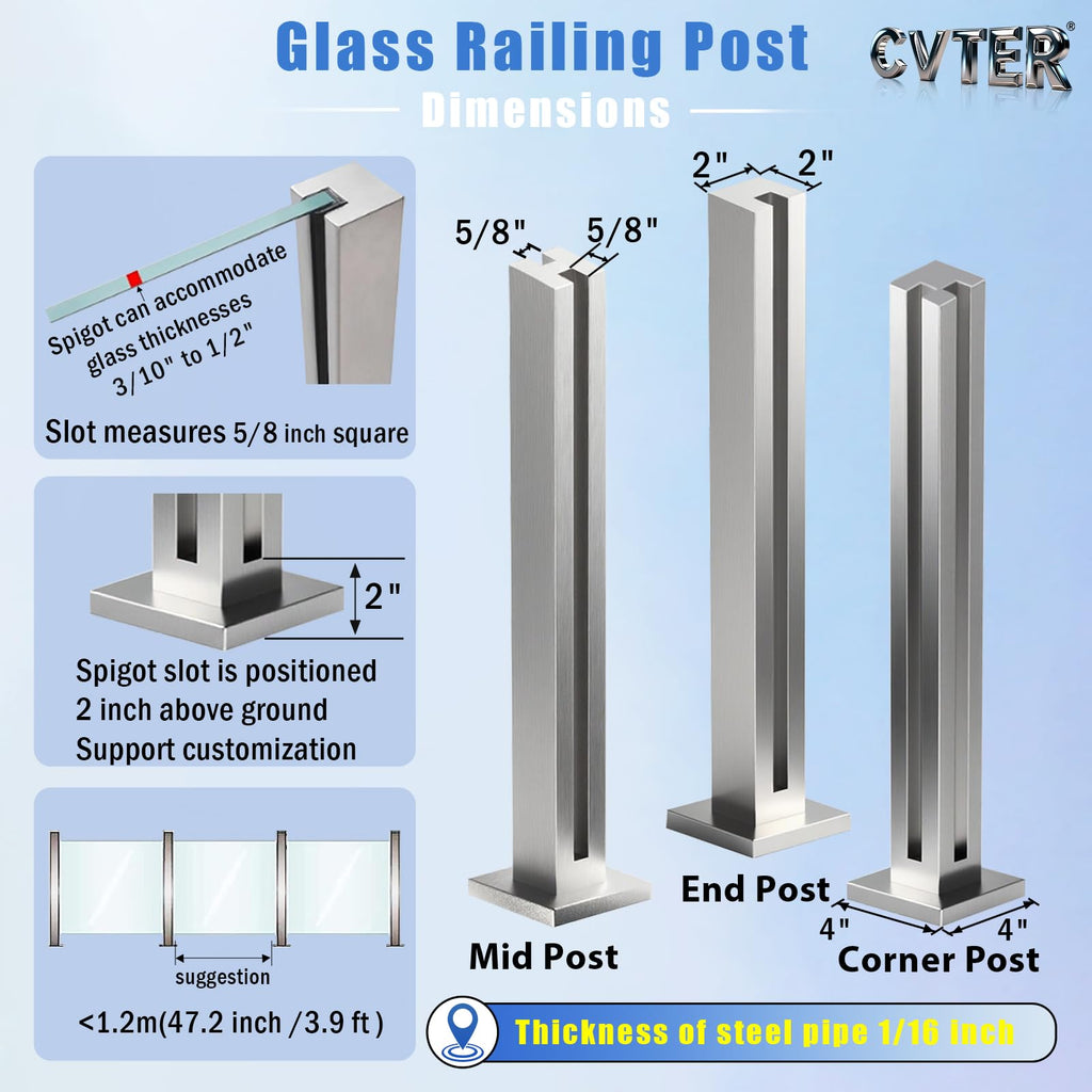 Glass Railing Post, No-Punch Glass Railing System with Spigot Slots & Base, Heavy-Duty 304 Stainless Steel Clamp for