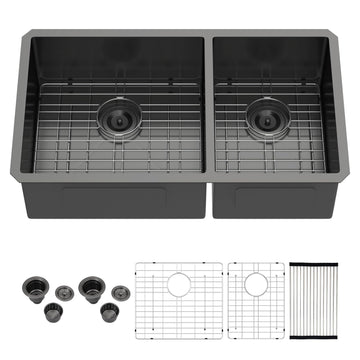 33 Inch Undermount Kitchen Sink Gunmetal Black 16 Gauge Stainless Steel Double Bowl 60/40 Large Deep Handmade Kitchen