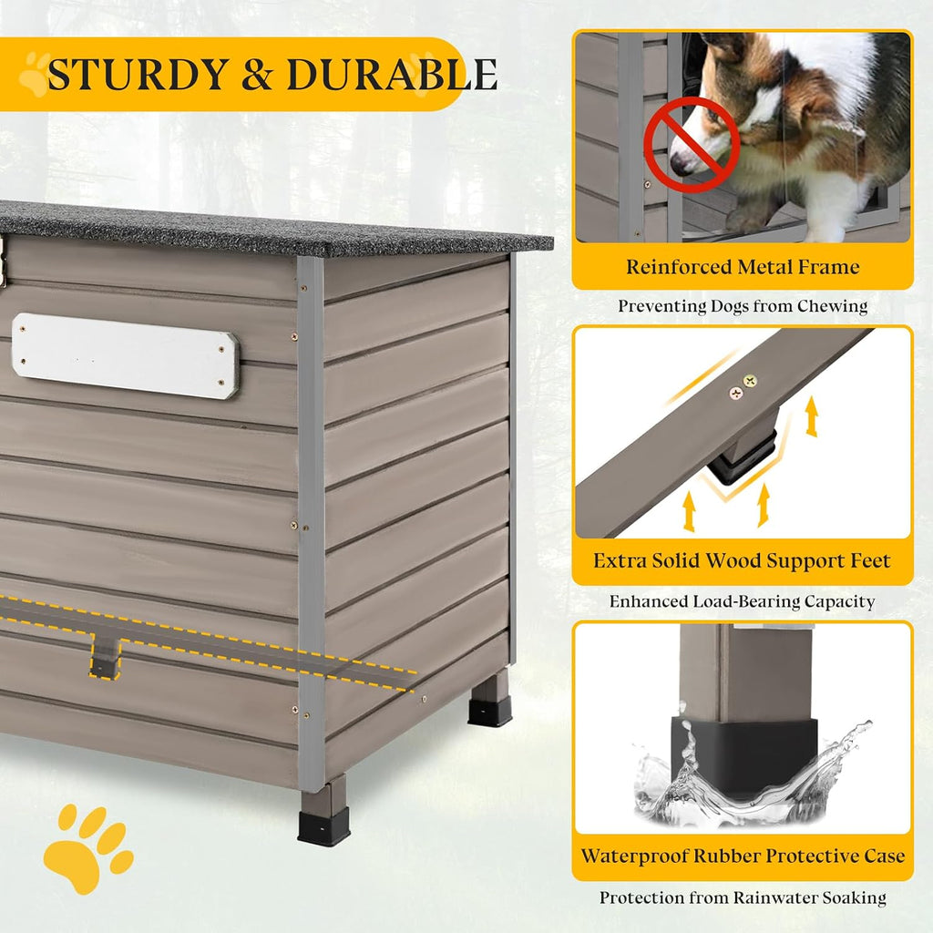 Dog House Outdoor, Chew-Proof Iron Frame Dog Kennel Weatherproof Natural Fir Wood Dog Houses with Removable